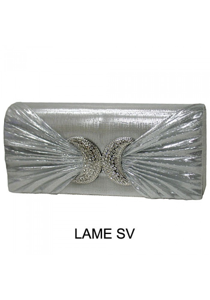Evening Bag - Satin Pleated W/ Rhinestone Accent Charm - Metallic Silver - BG-EBS1156SV